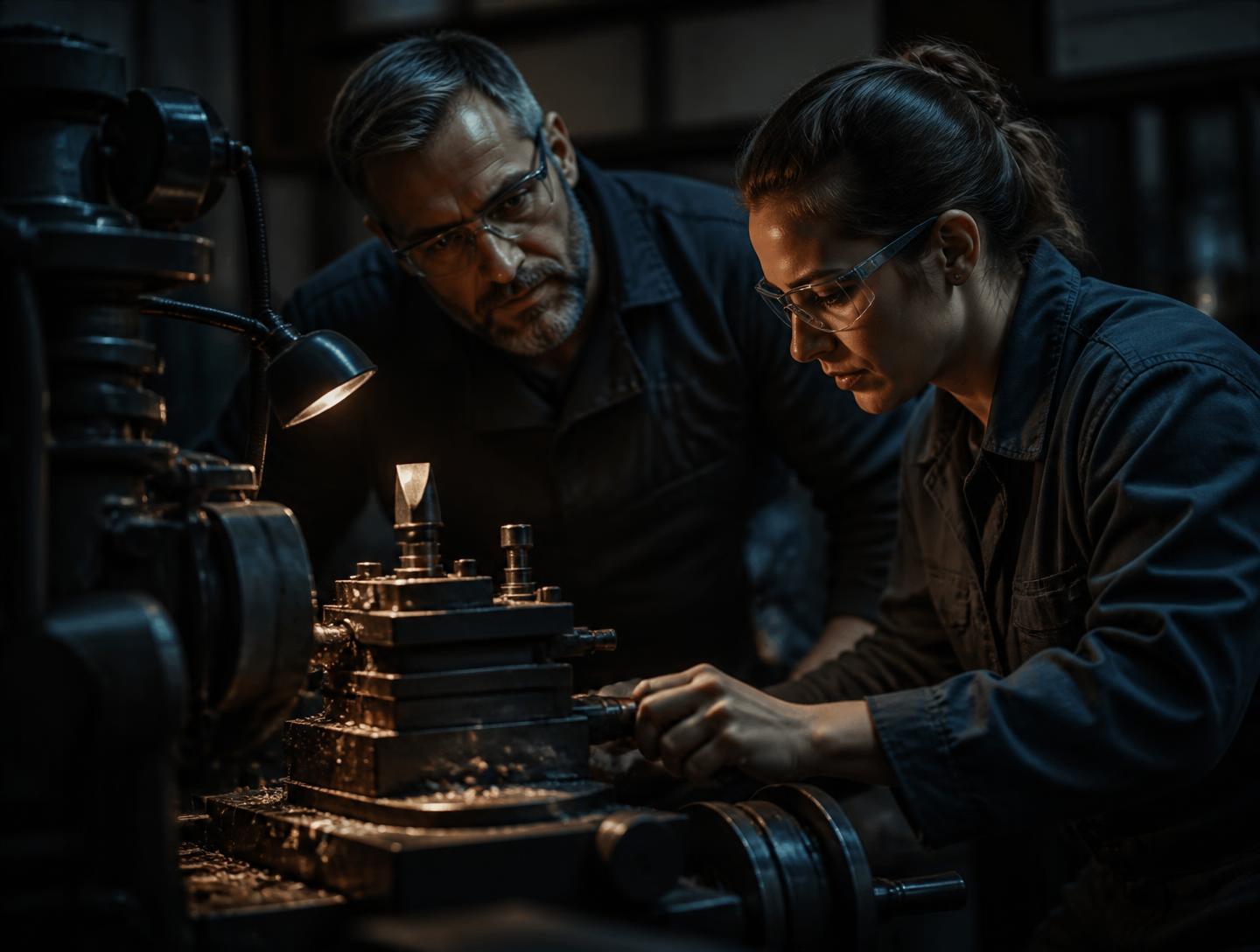 An assessor observing a trainee operating precision technical equipment in a workshop
