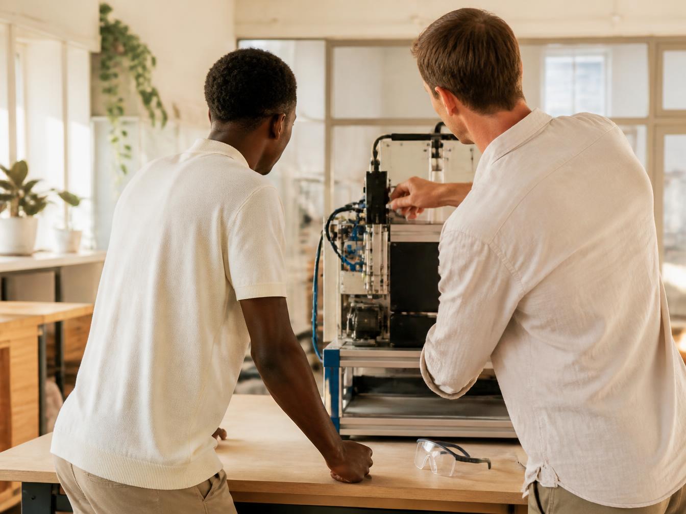 A trainer guiding a learner on technical equipment in a bright workshop