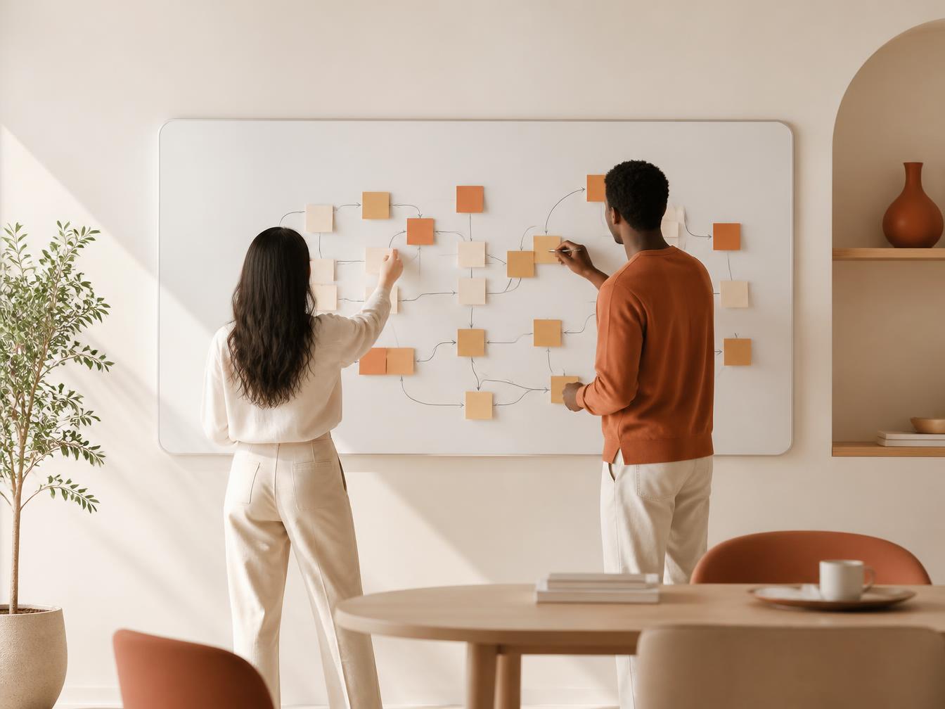 Two colleagues mapping a training pathway on a whiteboard with sticky notes