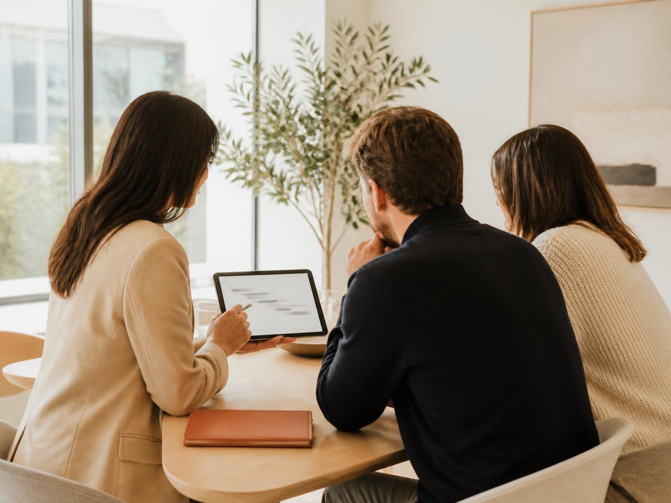 Two professionals discussing a workforce plan on a tablet in a bright office